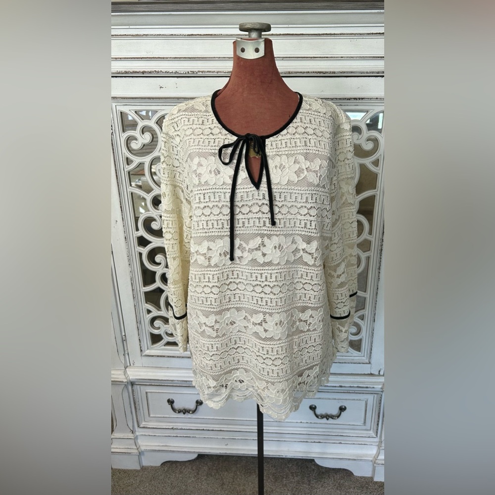 Talbots Cream Lace Blouse with Black Trim (L)